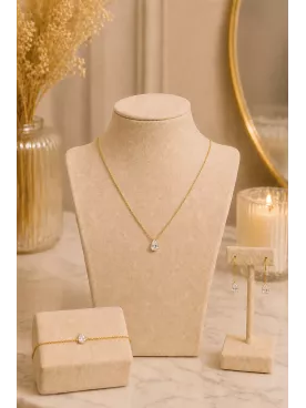 Parure Mariée Élodie – Collier, Bracelet & Boucles d’Oreilles Goutte Cristal – Chaîne Fine Dorée