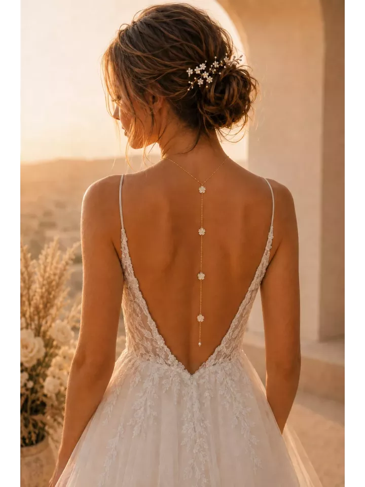Collier de dos Florine – Bijou de dos mariée aux fleurs de nacre