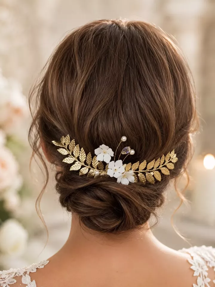 Peigne de mariée Harmonie — Fleurs délicates, perles nacrées et feuillage doré