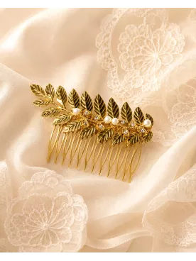 Peigne de mariée Dorine — Feuillage doré, perles et éclat raffiné