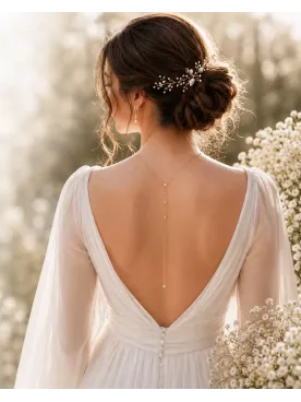 Collier de Dos Mariée Élinne – Chaîne Fine & Perles
