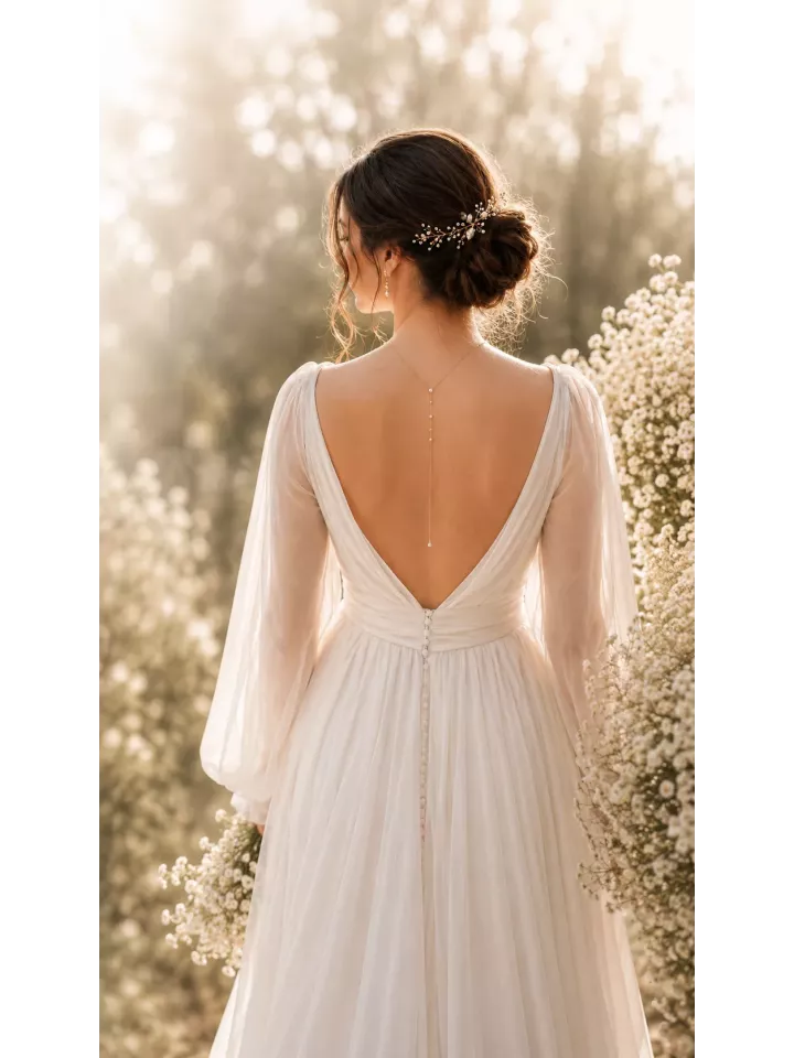 Collier de Dos Mariée Élinne – Chaîne Fine & Perles