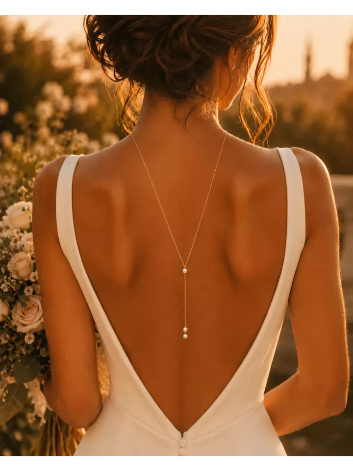 Collier de Dos Mariée Garance – Chaîne Fine & Perles