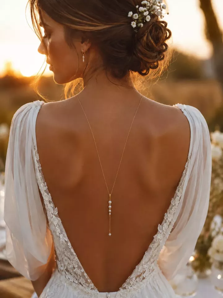 Collier de dos mariée Aura – Perles fines dorées