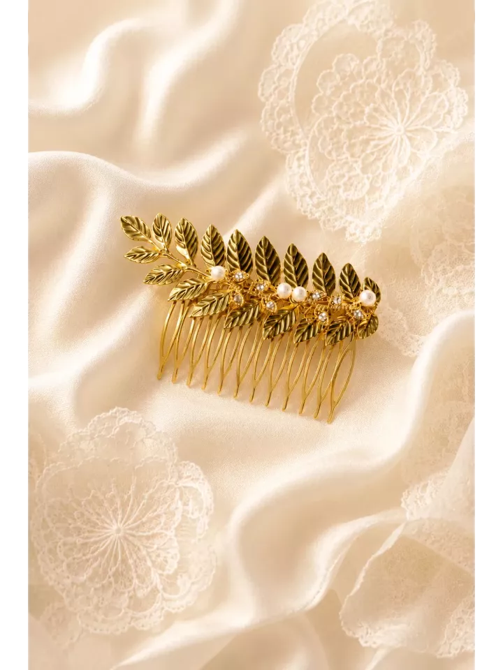 Peigne de mariée Dorine — Feuillage doré, perles et éclat raffiné