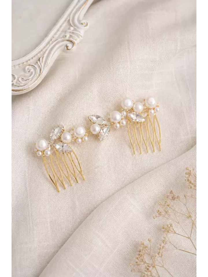 Peignes Éliana doré pour mariée – bijou de cheveux avec perles nacrées et cristaux