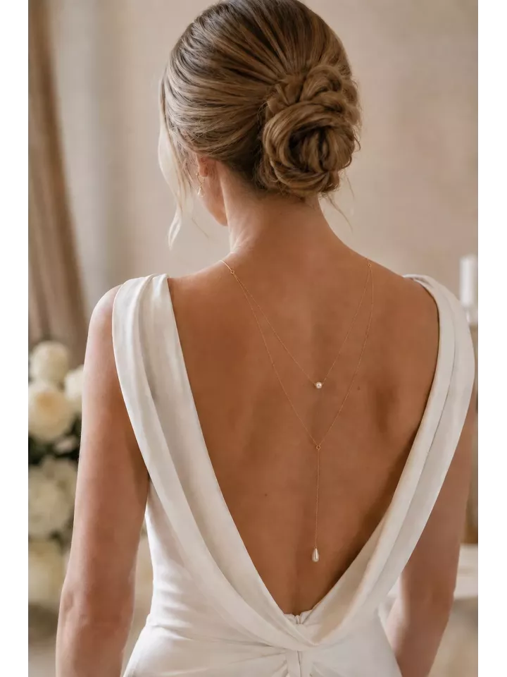Collier de dos mariée Nineline – Bijou de dos avec perle nacrée