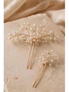 Pics à cheveux mariée Amélia – Lot de 2 pics dorés avec perles nacrées, accessoire cheveux mariage bohème chic