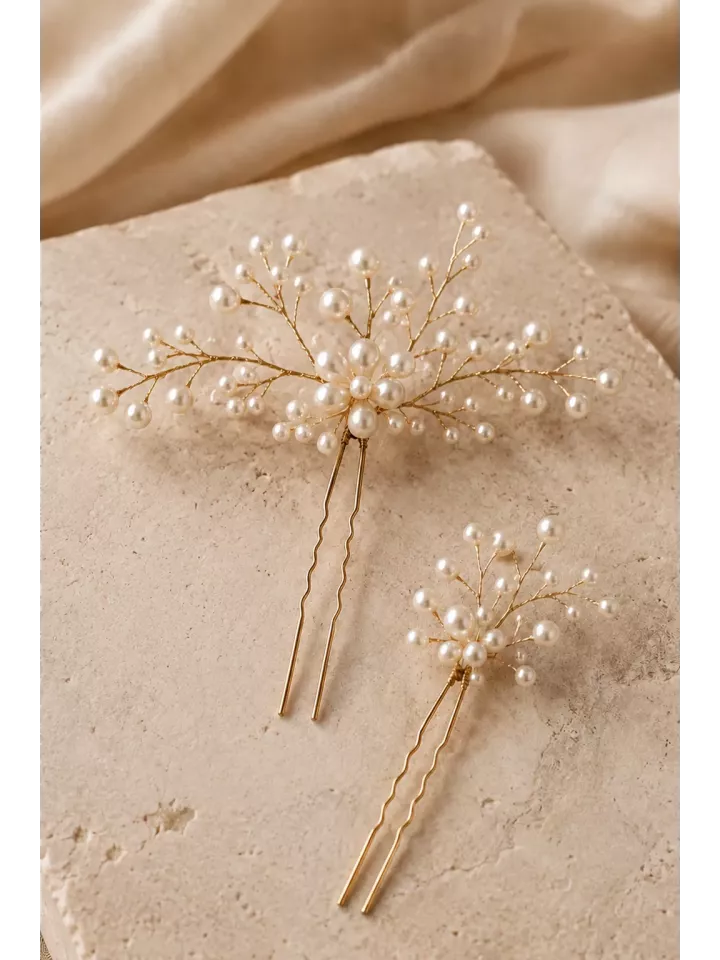 Pics à cheveux mariée Amélia – Lot de 2 pics dorés avec perles nacrées, accessoire cheveux mariage bohème chic