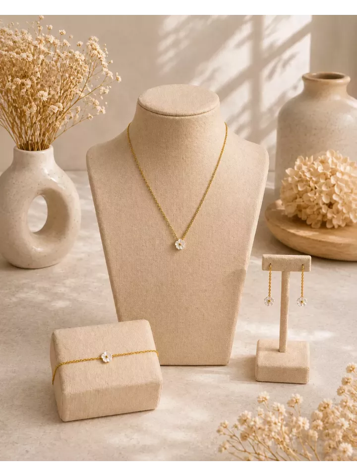 Parure Nacéline – Collier, Bracelet & Boucles Fleur en Nacre | Bijoux Mariée Élégants et Raffinés