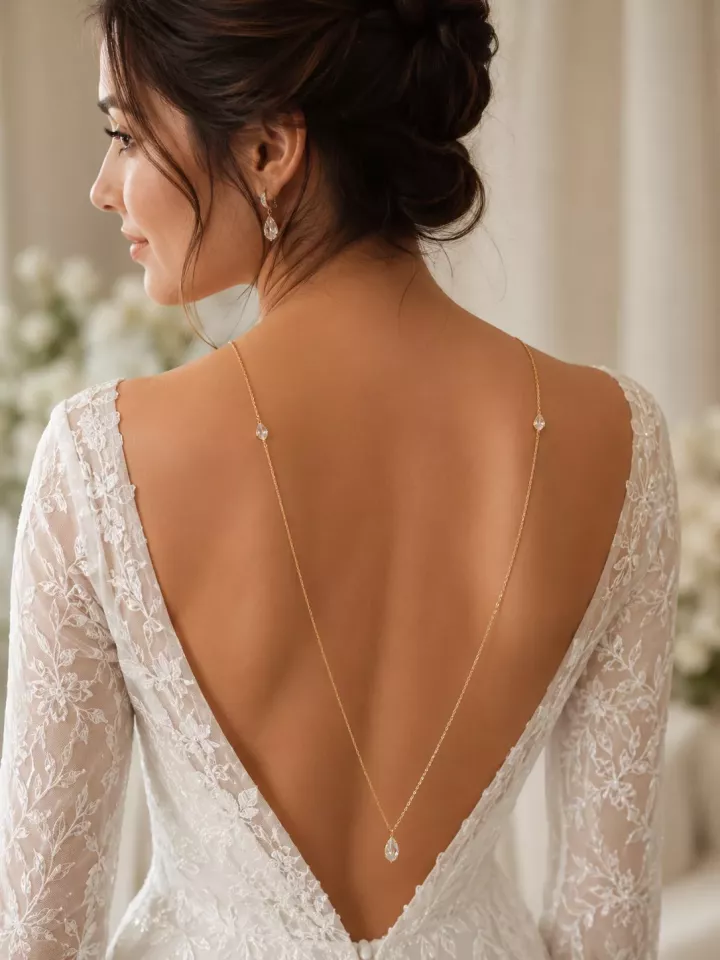 Collier de dos mariage en cristal – Bijou dos nu élégant pour mariée- Dos de Lune