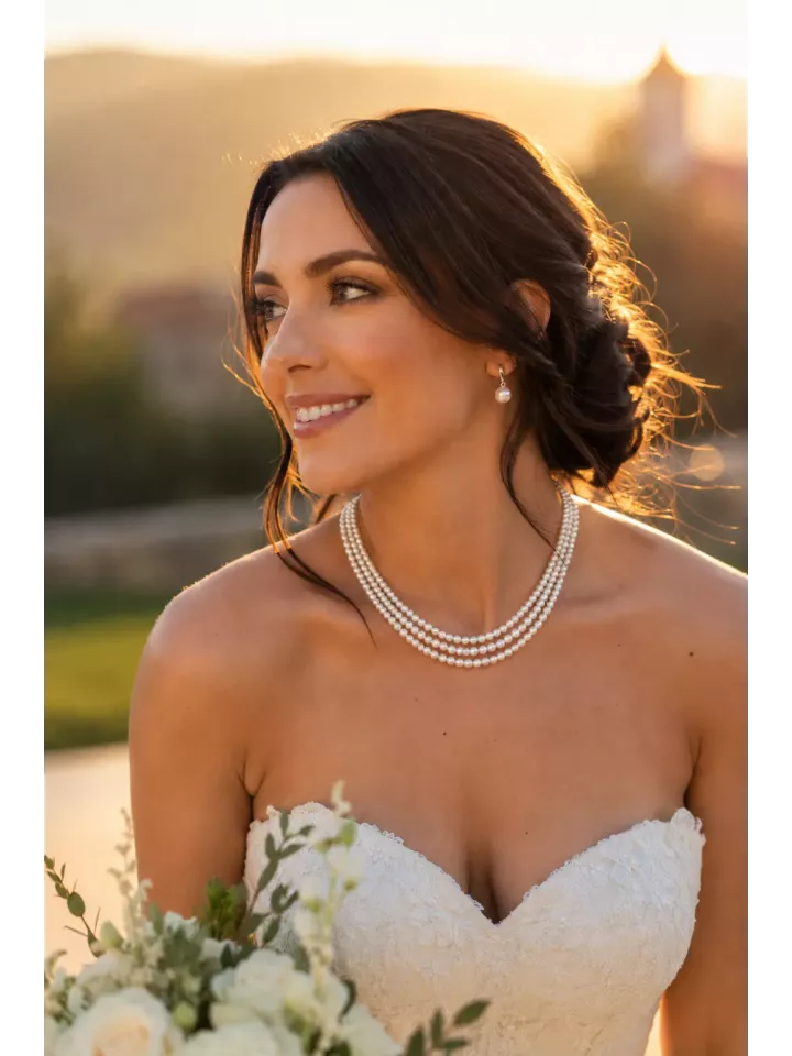 Huron – Collier de mariée 3 rangs de perles nacrées Swarovski-Fermoir 3 rangs doré à l’or fin