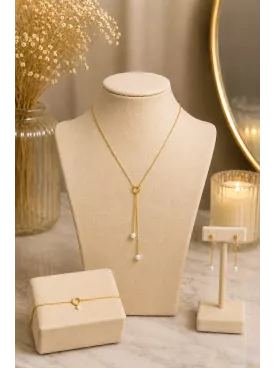 Parure Mariée Lyséline – Collier Y Perles Nacrées & Acier Inoxydable Doré