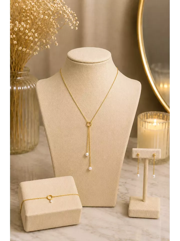Parure Mariée Lyséline – Collier Y Perles Nacrées & Acier Inoxydable Doré