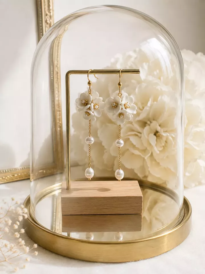 Boucles d’oreilles de mariée Pivoine – Fleurs nacrées et perles pendantes dorées