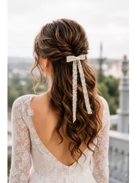 Nœud de mariée Albane en dentelle – Peigne doré pour cheveux
