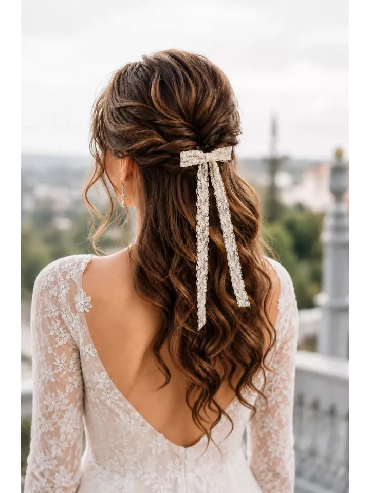 Nœud de mariée Albane en dentelle – Peigne doré pour cheveux