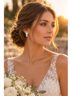 Boucles d’Oreilles Mariée Fleur Nacrée & Perle – Élégance Romantique Dorée- Éclora