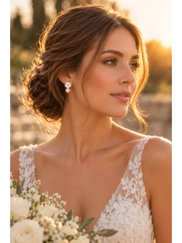 Boucles d’Oreilles Mariée Fleur Nacrée & Perle – Élégance Romantique Dorée- Éclora