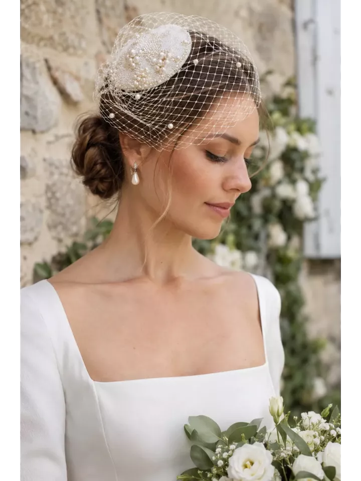 Bibi de mariée perlé avec voilette, élégance vintage-Margaux