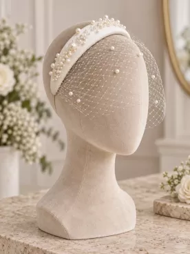 Serre-tête de mariée perlé avec voilette, élégance vintage- Constance