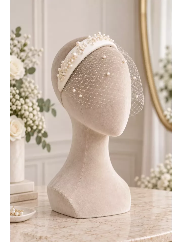 Serre-tête de mariée perlé avec voilette, élégance vintage- Constance