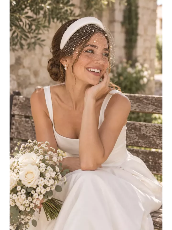Serre-tête de mariée avec voilette perlée, charme vintage et élégant- Madeleine