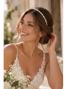 Serre-tête de mariée doré en perles d’eau douce véritables – Mélusine