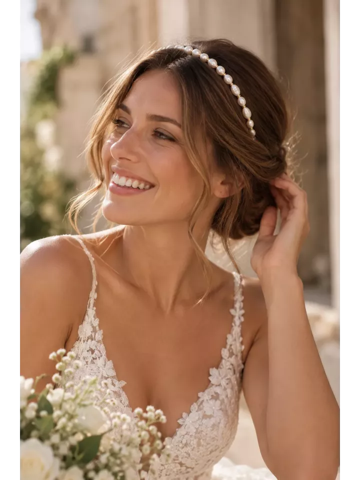 Serre-tête de mariée doré en perles d’eau douce véritables – Mélusine