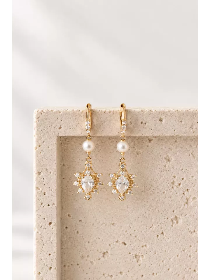 Boucles d’oreilles Mariée Princesse – Dormeuses dorées avec cristal goutte 24×16 mm et strass