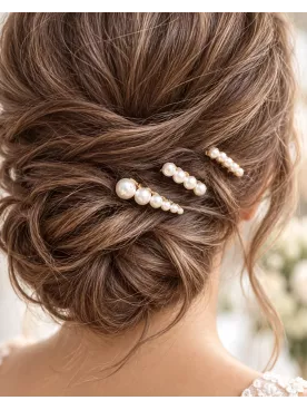 Lot de 3 peignes à cheveux mariée en perles nacrées dorées - Théoline