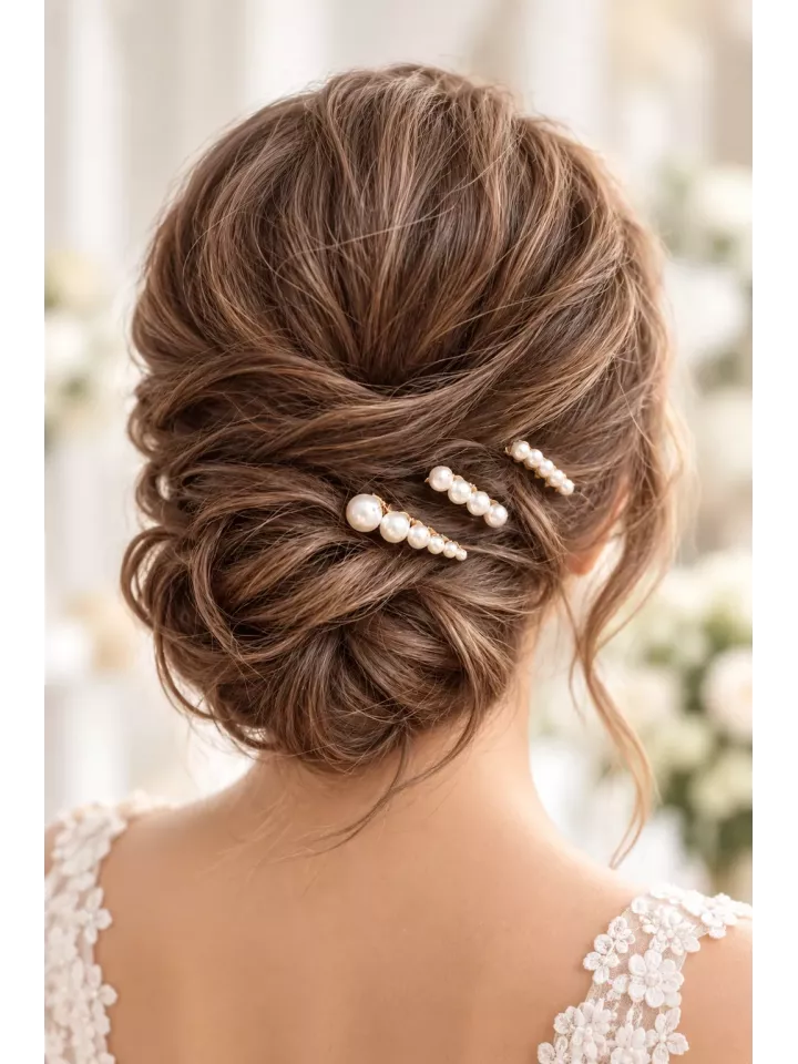 Lot de 3 peignes à cheveux mariée en perles nacrées dorées - Théoline