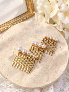 Lot de 3 peignes à cheveux mariée en perles nacrées dorées - Théoline