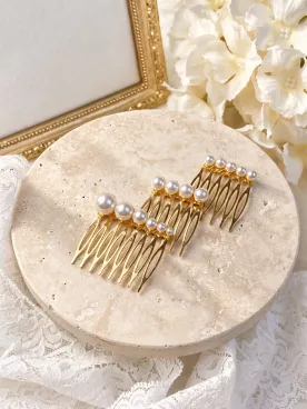 Lot de 3 peignes à cheveux mariée en perles nacrées dorées - Théoline