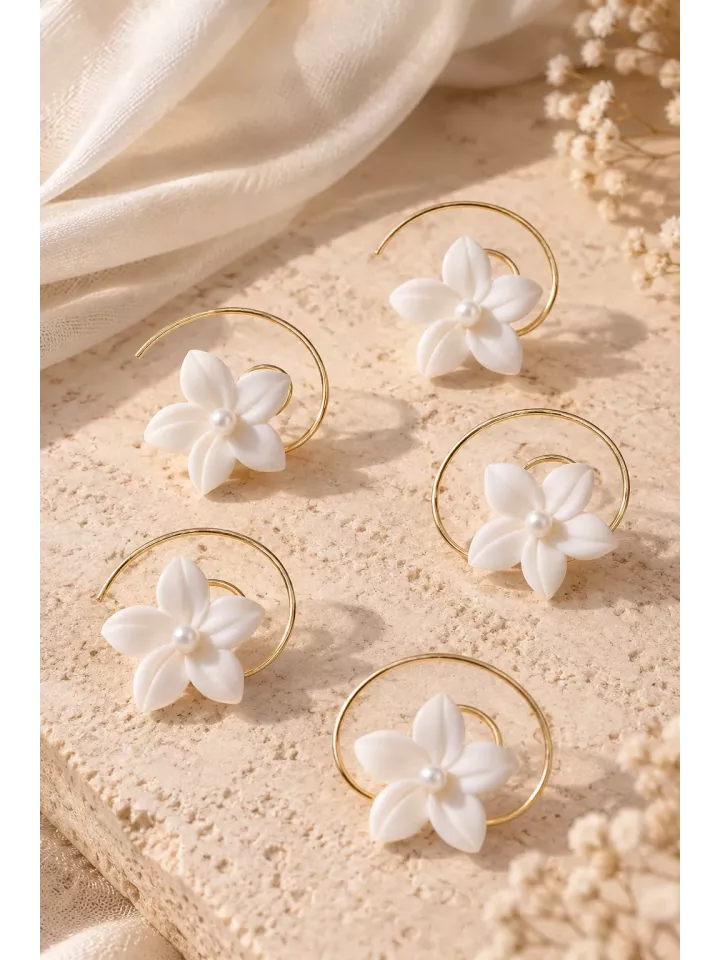 Spirales à cheveux fleuries pour mariée, fleurs blanches nacrées et dorées – Bijoux de coiffure mariage-Azalée
