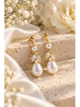 Boucles d’oreilles de mariée Ysée – Perles nacrées et cristaux, dorées