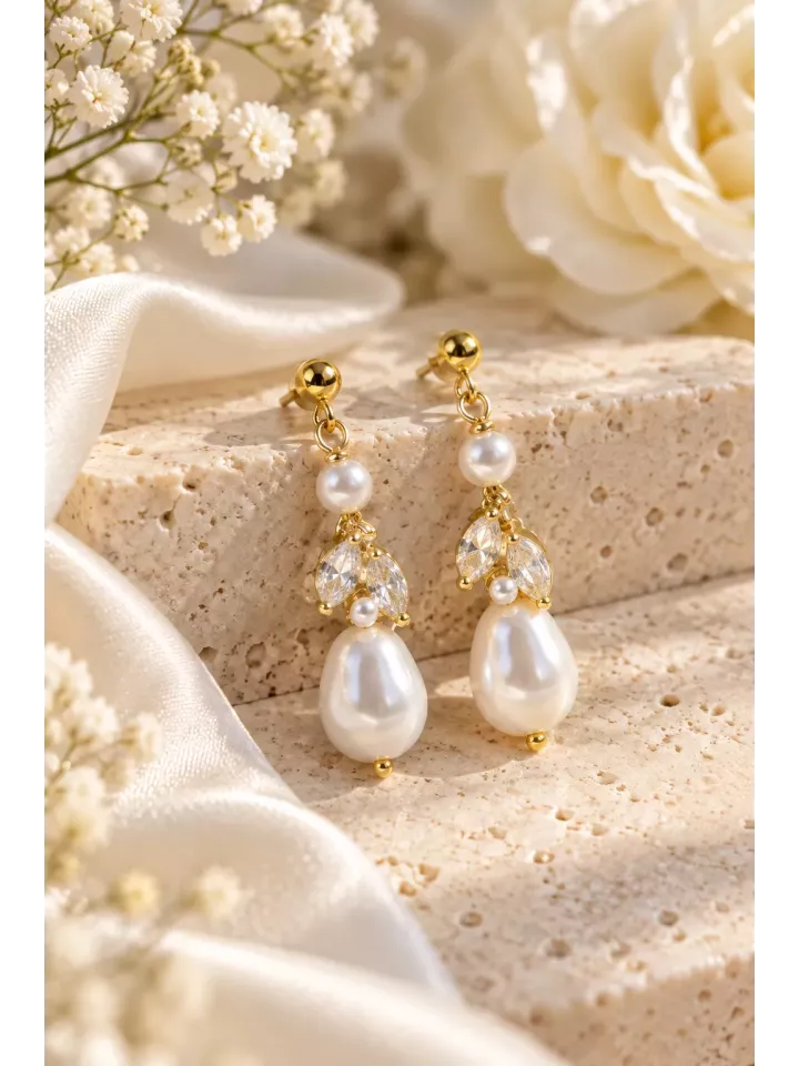 Boucles d’oreilles de mariée Ysée – Perles nacrées et cristaux, dorées