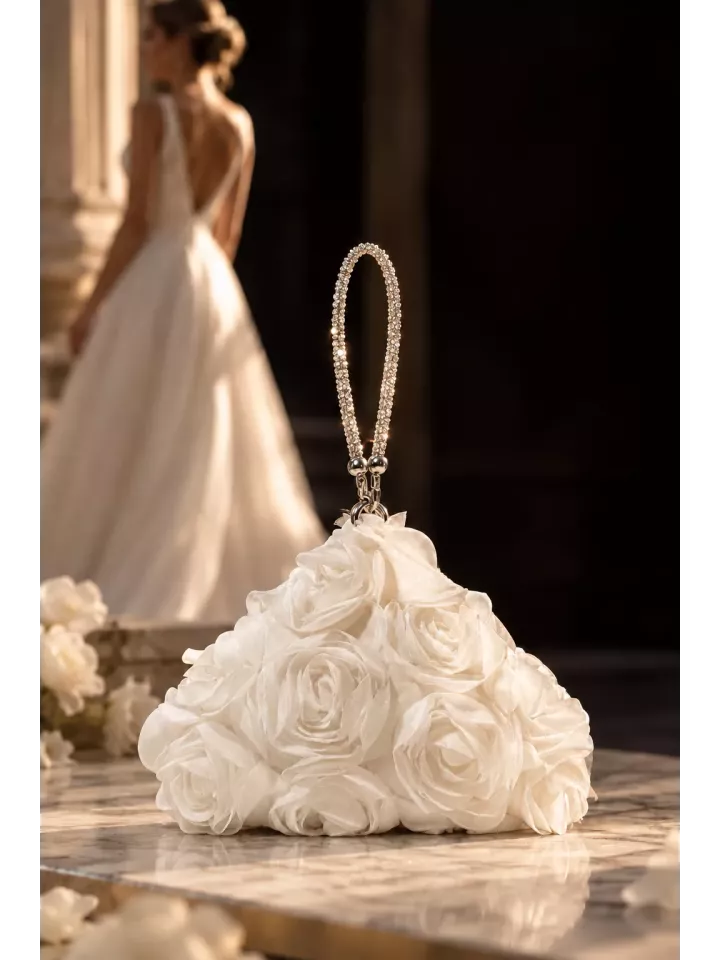 Sac pochette de mariée ivoire à fleurs 3D, sac de mariage élégant et romantique- Bertille
