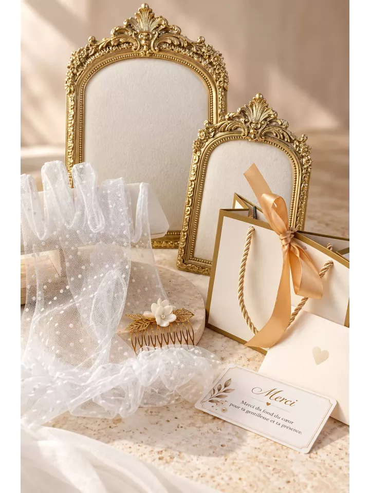 Coffret Héritage – Accessoires de mariée avec gants en tulle à pois, peigne à cheveux doré et pochette cadeau