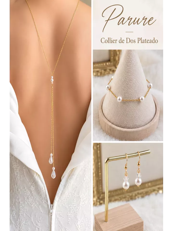 Parure Mariée Rose Gold – Collier de Dos Élégant, Bracelet et Boucles d’Oreilles | Bijoux de Mariage Raffinés Robe Dos Nu